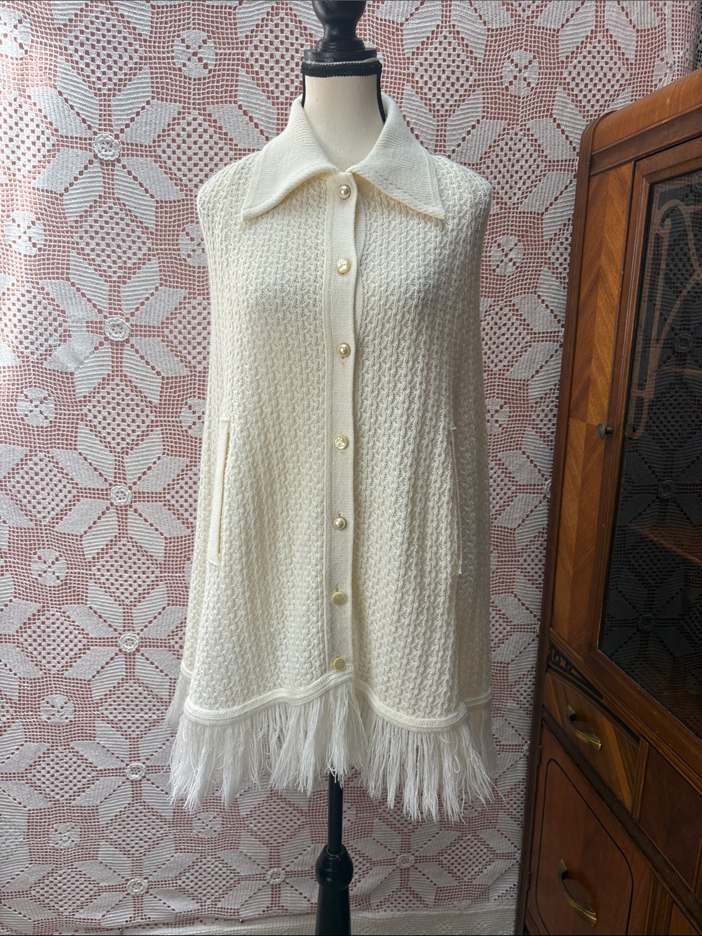 Cream Knit Fringe Cape